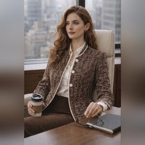 Yansi Fugel Brown Cotton Linen Blend Textured Jacket Size 16 Lined Short Sleeve